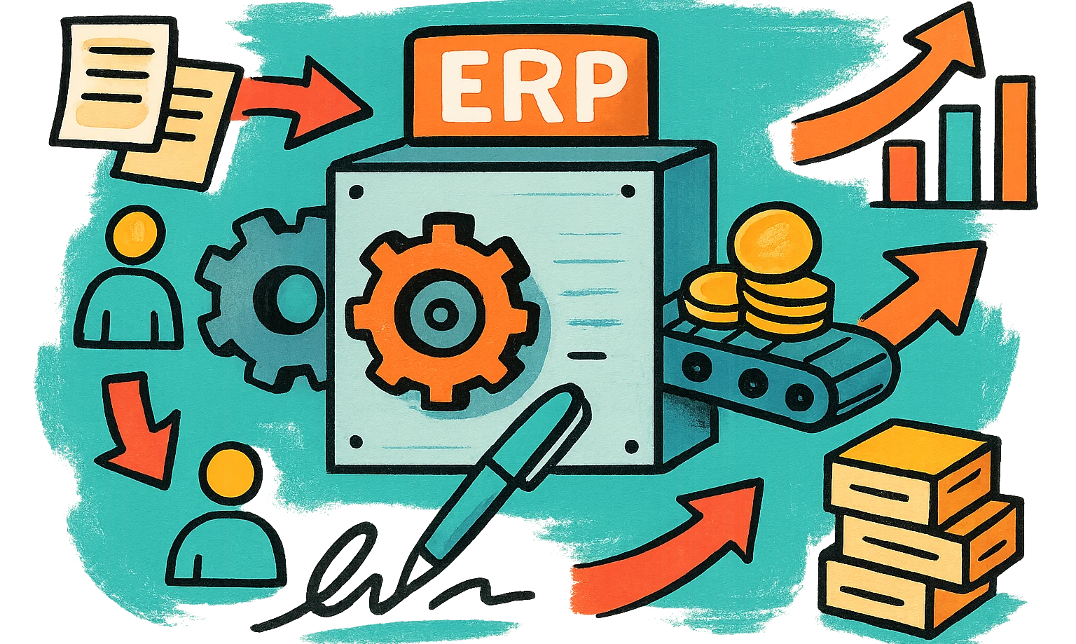 Диаграма, показваща, че ERP система управлява различни бизнес процеси ефективно.