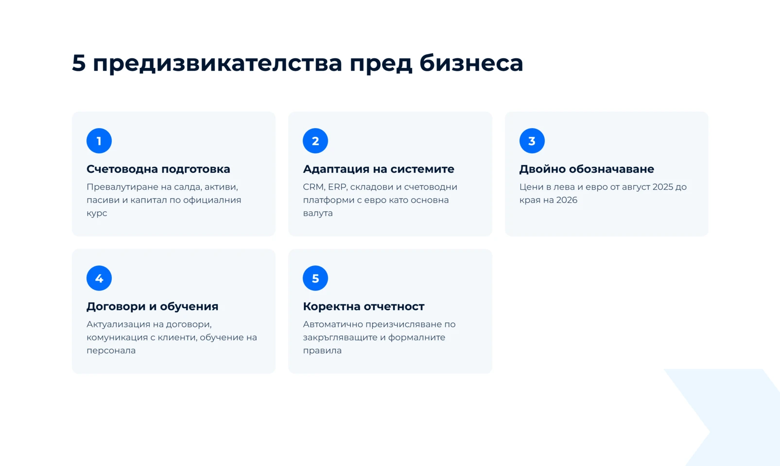 Счетоводна подготовка, адаптация на системите, двойно обозначаване, договори и обучения, коректна отчетност