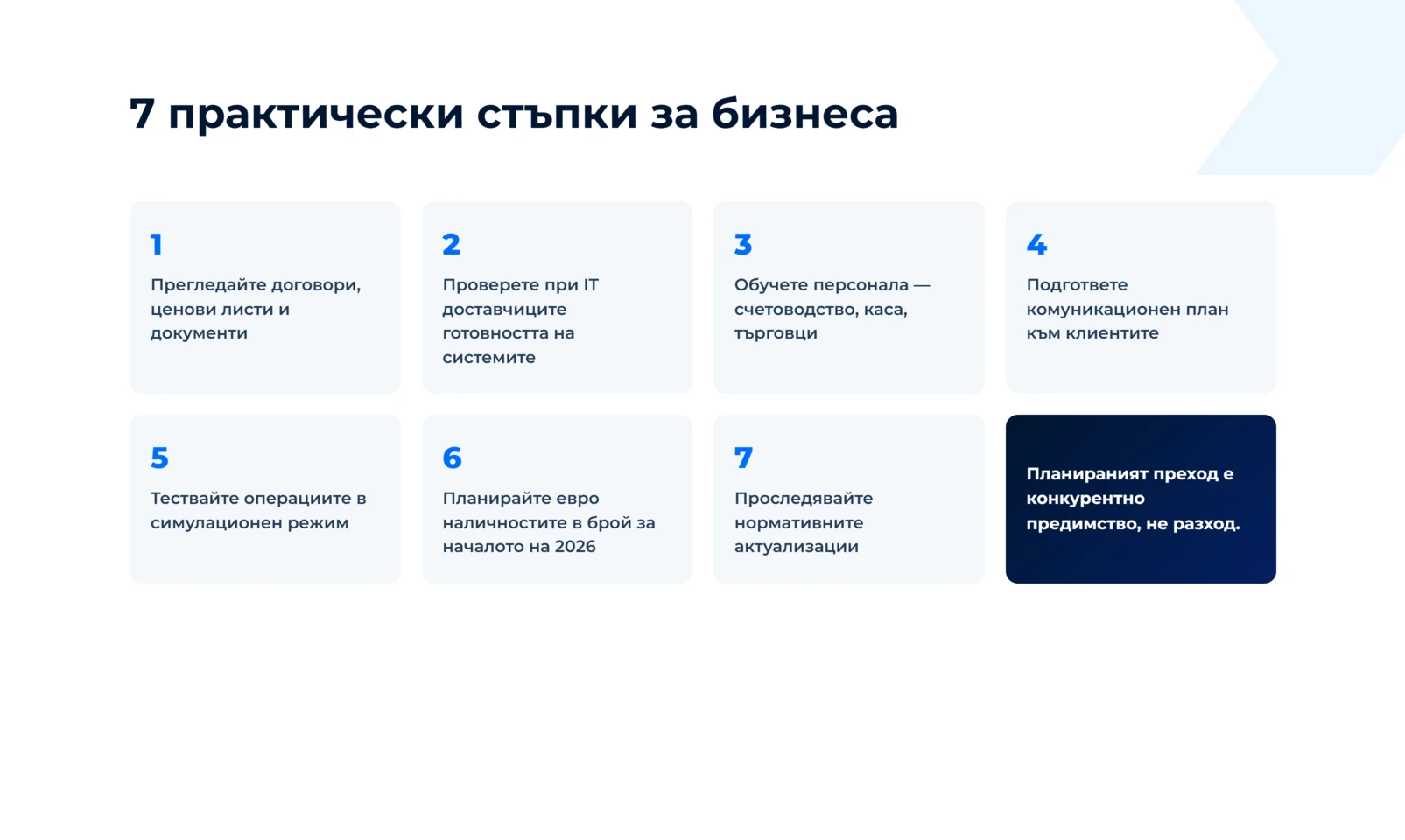 Прегледайте договори и ценови листи, проверете готовността на системите при IT доставчиците, обучете персонала, подгответе комуникационен план, тествайте в симулационен режим, планирайте евро наличностите, проследявайте нормативните актуализации