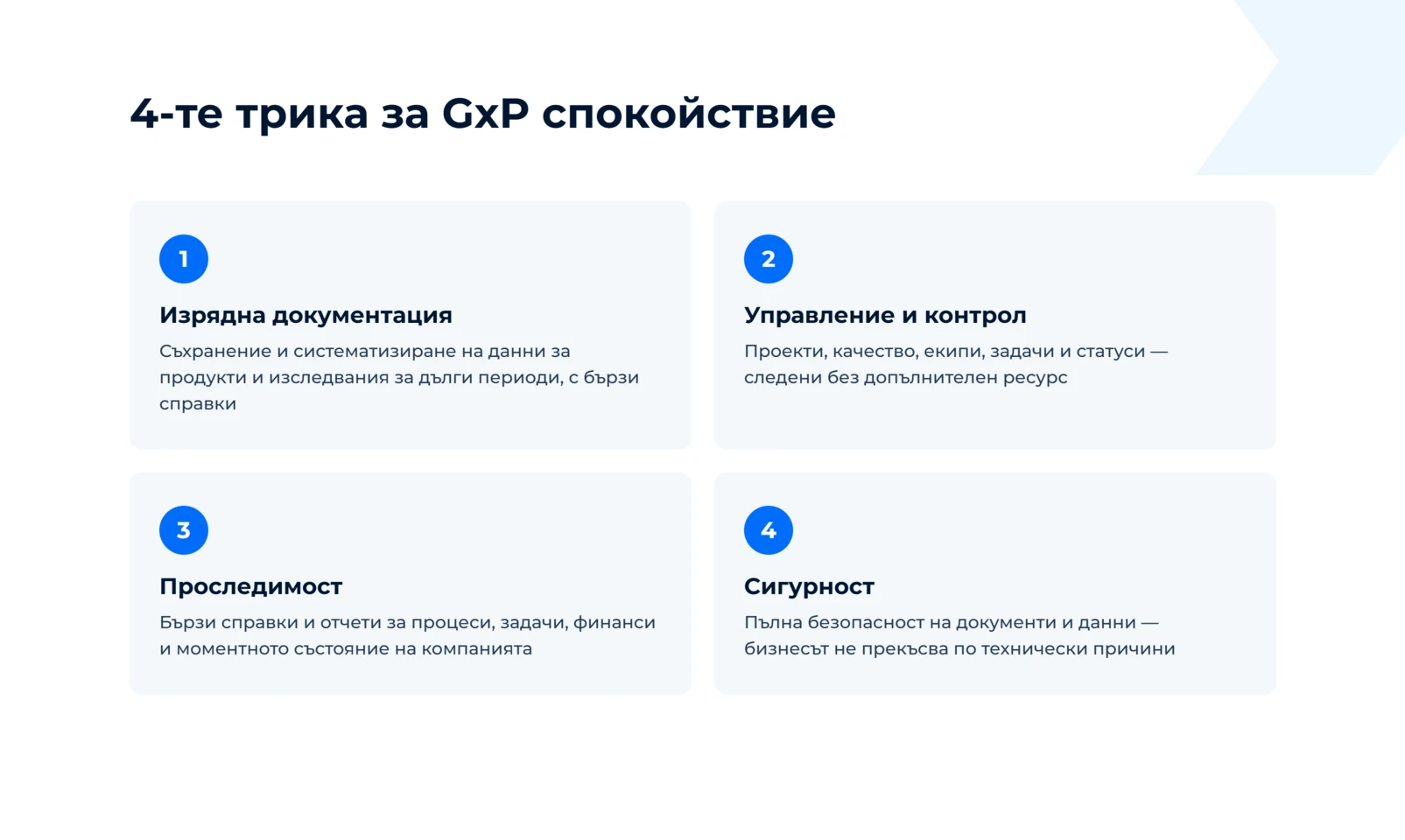 Изрядна документация, управление и контрол, проследимост и сигурност — четирите условия за съответствие с GMP и GxP