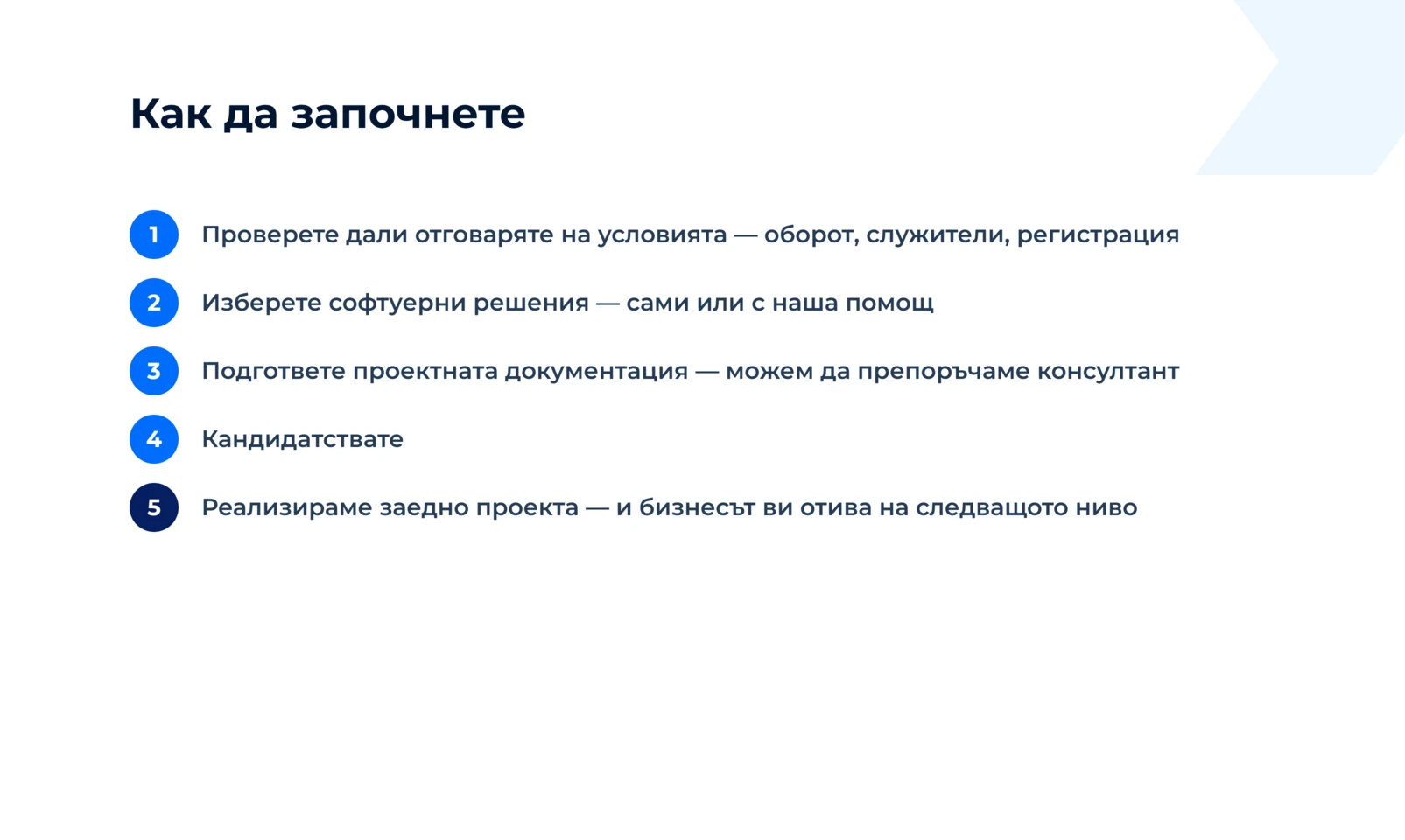 Пет стъпки: проверка на условията, избор на решения, проектна документация, кандидатстване и реализация на проекта