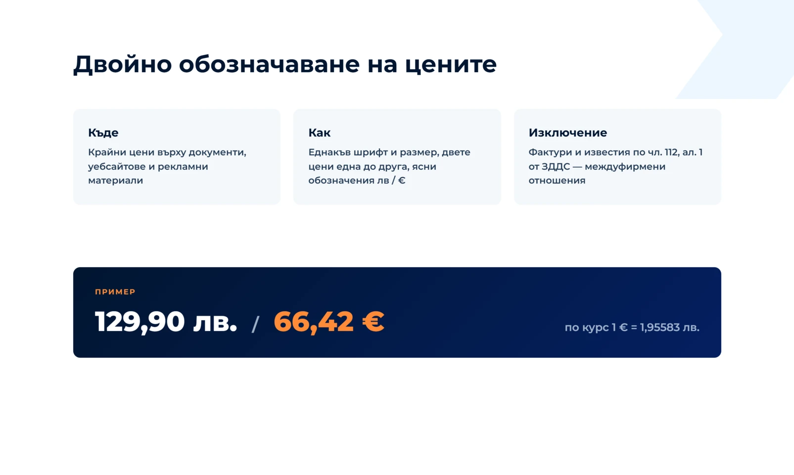 Къде, как и с какво изключение се обозначават двете цени: крайни цени върху документи и сайтове, еднакъв шрифт, пример 129,90 лв. / 66,42 €